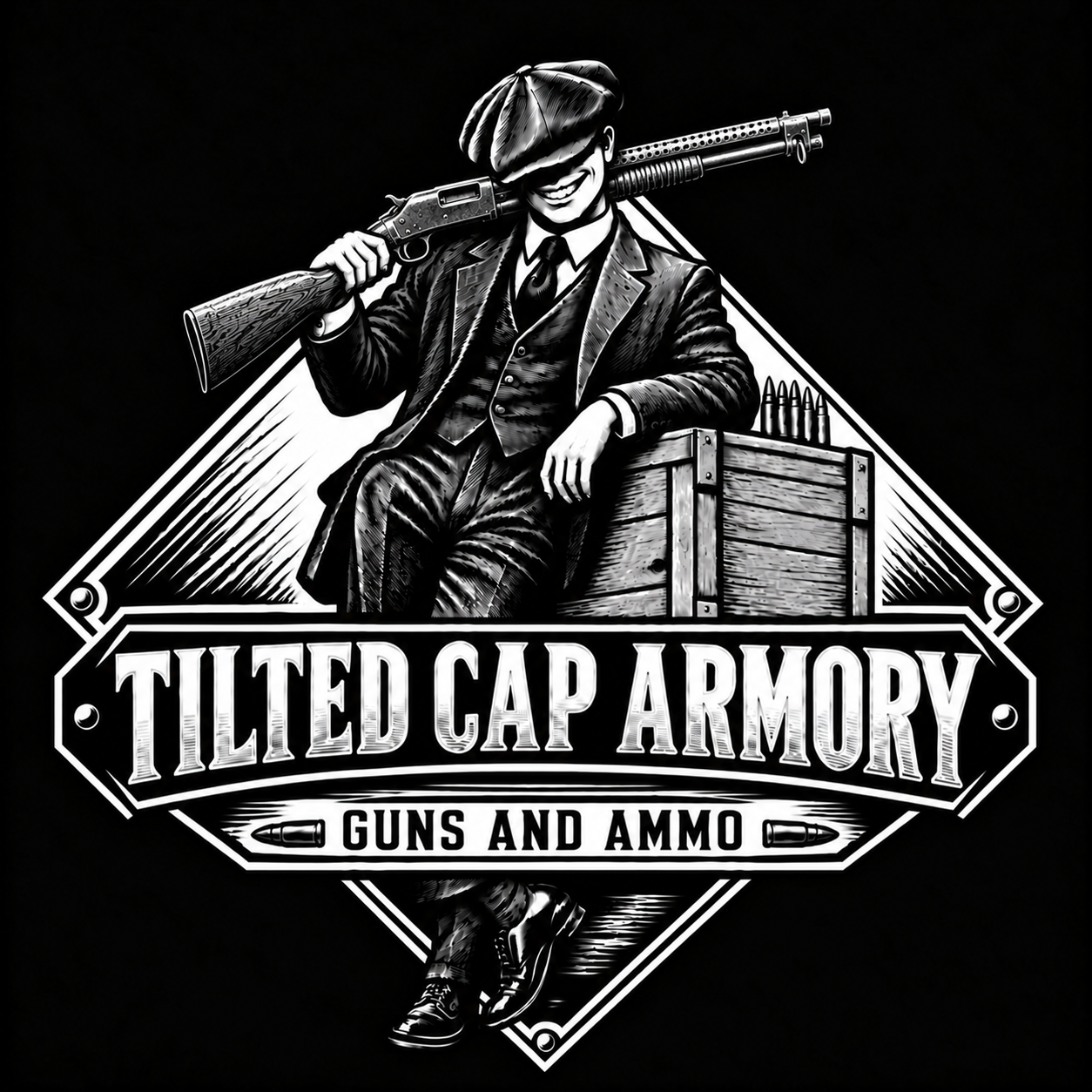 Tilted Cap Armory — Guns and Ammo. A grinning gentleman in a tilted flat cap rests a World War I Winchester Model 1897 trench gun across his shoulder.
